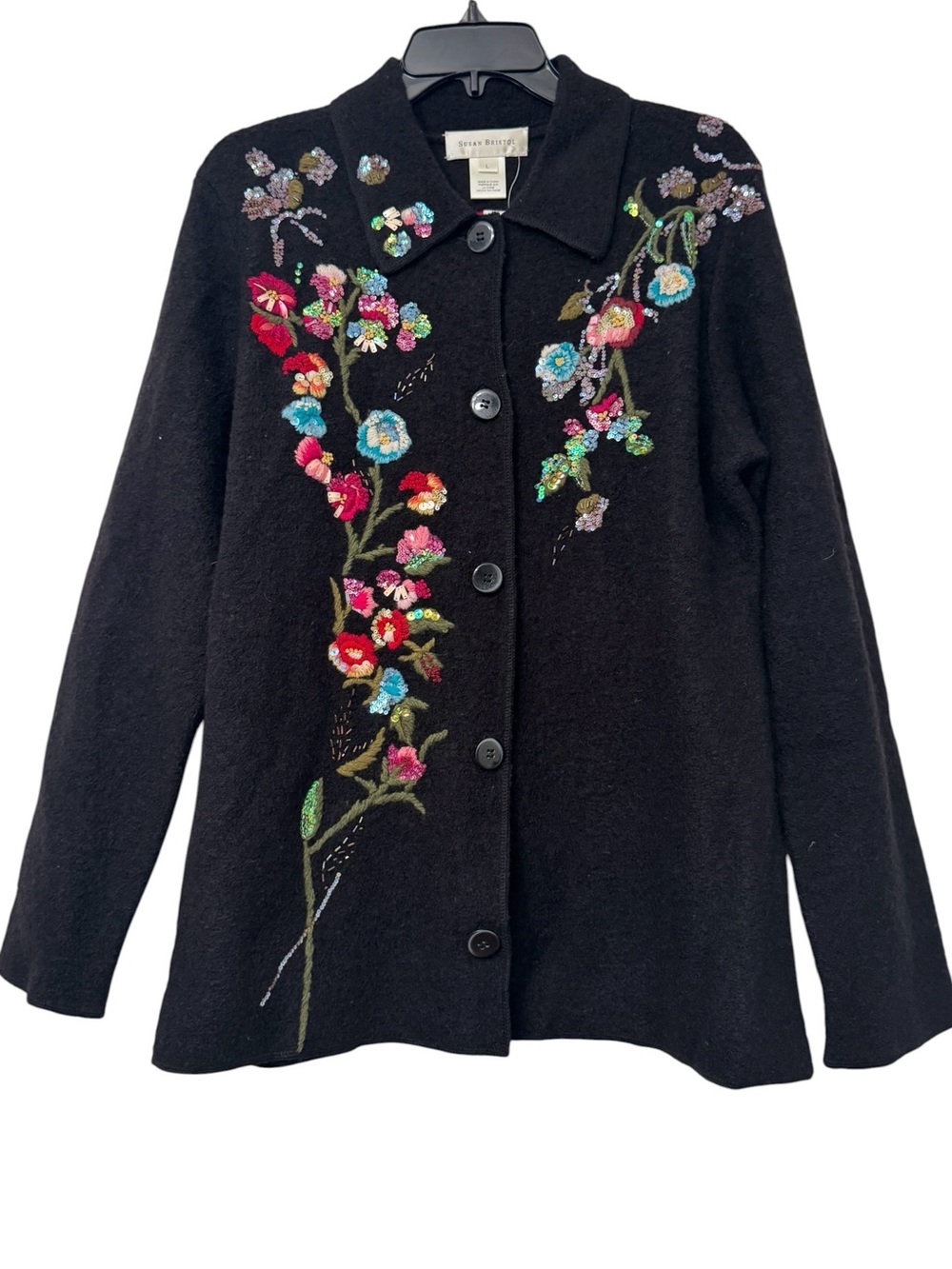 NWT Susan Bristol Black Wool Embroidered Sequin Floral Sweater Jacket